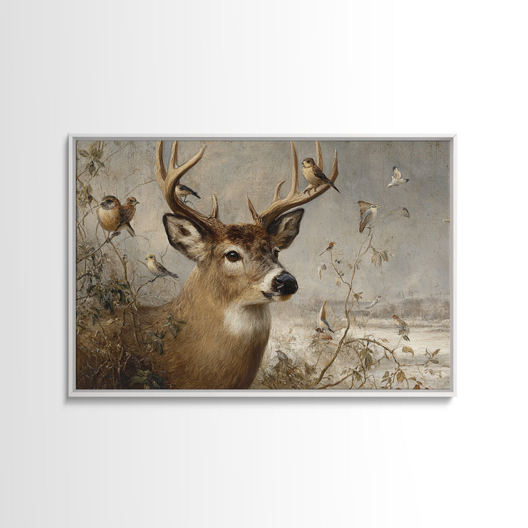 Deer with Antlers Full of Birds Framed Canvas Print, Whimsical Art, Printable Wall Art, Living Room Decor, Oil Painting, Wonder, WHI-3x2-47