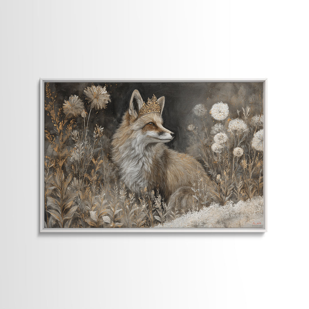 Fox Wearing a Tiny Crown Framed Canvas Print, Whimsical Art, Nursery Art, Living Room Decor, Oil Painting, Wonder, WHI-3x2-5