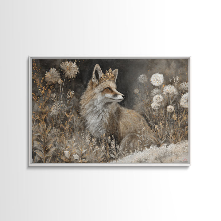 Fox Wearing a Tiny Crown Framed Canvas Print, Whimsical Art, Nursery Art, Living Room Decor, Oil Painting, Wonder, WHI-3x2-5
