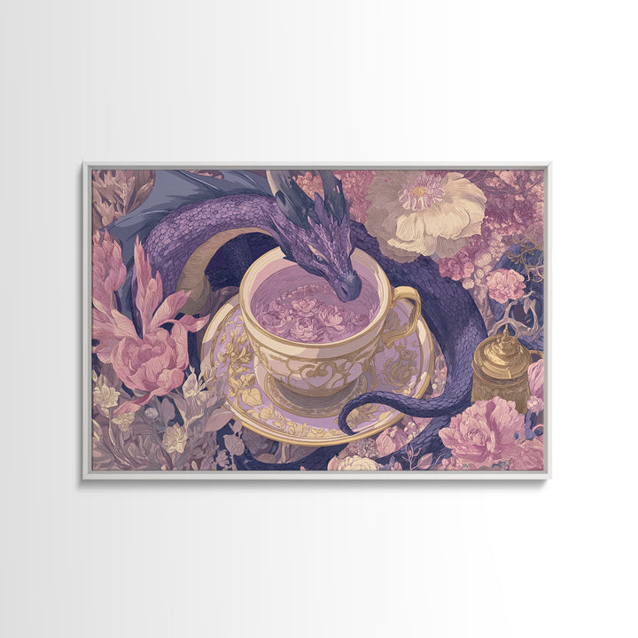 Dragon Curled Around a Teacup Canvas Print, Whimsical Art, Bird Art, Living Room Decor, Abstract Art, Wonder, Textured Painting, WHI-3x2-52