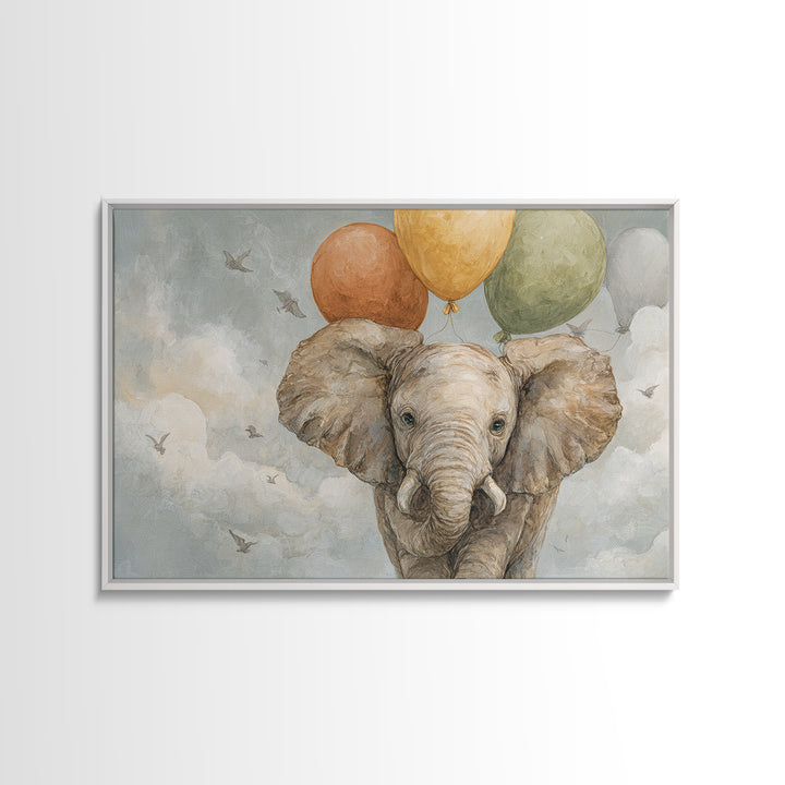 Elephant Holding Balloons Framed Canvas Print, Whimsical Art, Whimsical, Living Room Decor, Oil Painting, Wonder, Nursery Art, WHI-3x2-55