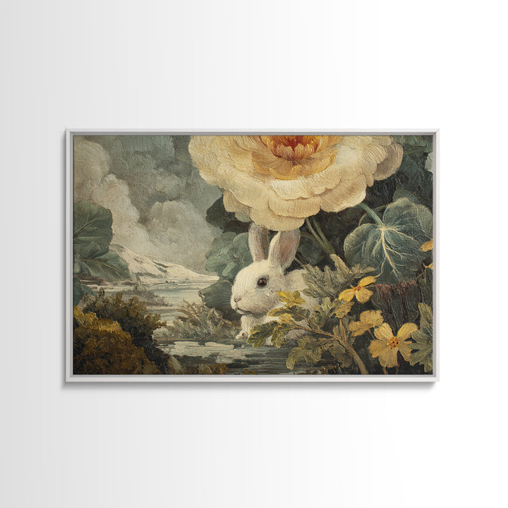 Rabbit Reading Beneath a Giant Flower Canvas Print, Whimsical Art, Cat Art, Living Room Decor, Watercolor Art, Wonder, WHI-3x2-57