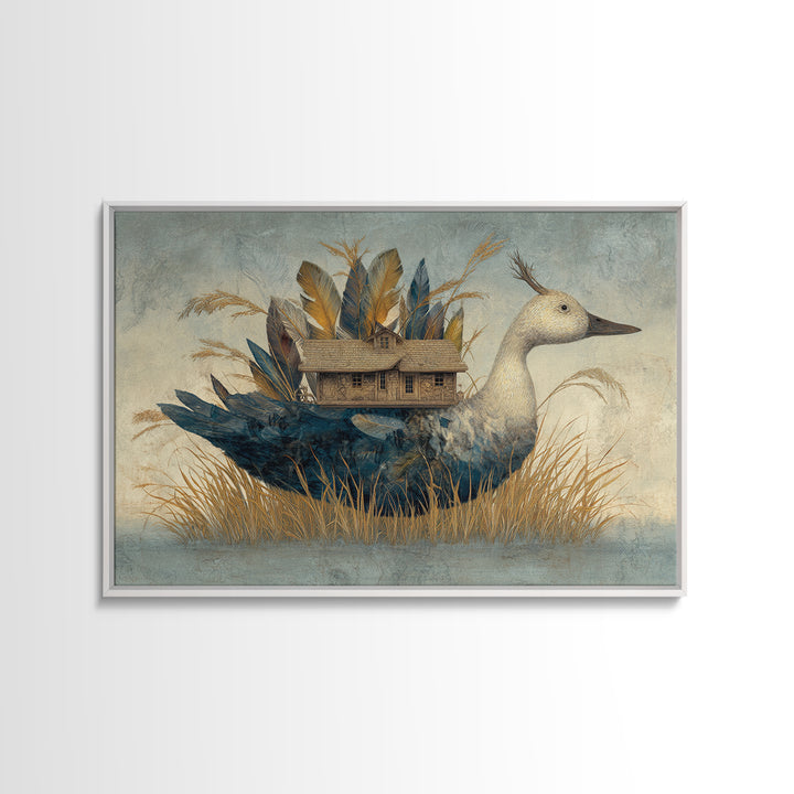 Floating House Carried by Colorful Birds Framed Canvas Print, Whimsical Art, Living Room Decor, Oil Painting, Wonder, WHI-3x2-59