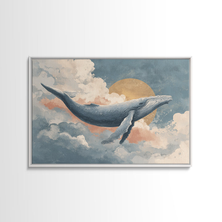 Whale Flying Through Clouds Like Ocean Framed Canvas Print, Whimsical Art, Watercolor Art, Living Room Decor, Wonder, WHI-3x2-65