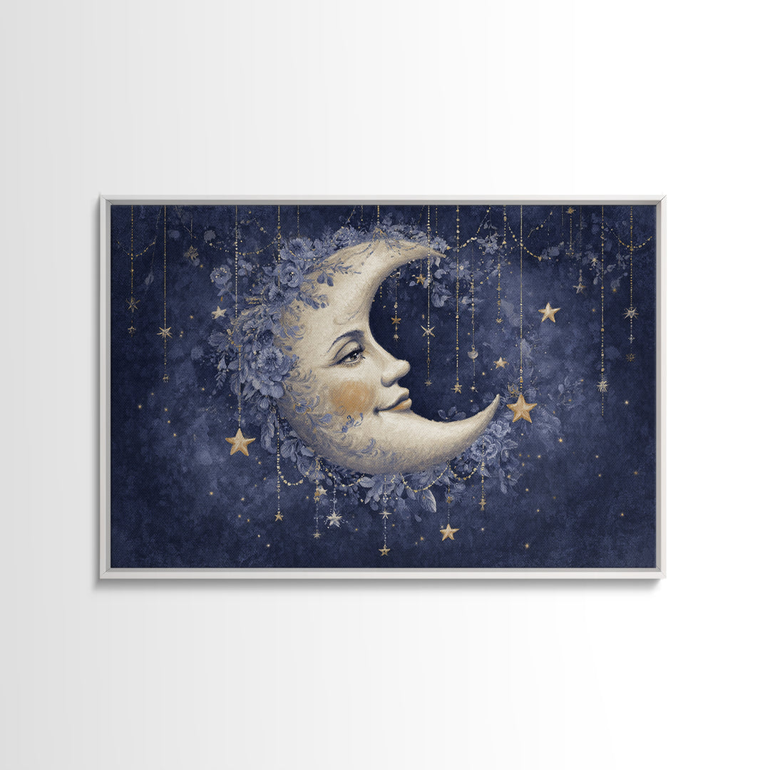 Moon with Sleeping Face and Dangling Stars Canvas Print, Whimsical Art, Minimalist Decor, Living Room Decor, Fine Art, Wonder, WHI-3x2-68
