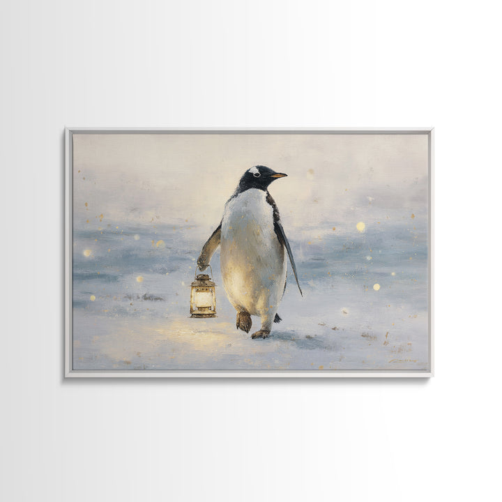 Penguin Holding a Lantern Framed Canvas Print, Whimsical Art, Gallery Decor, Living Room Decor, Fine Art, Wonder, Wall Art, WHI-3x2-69