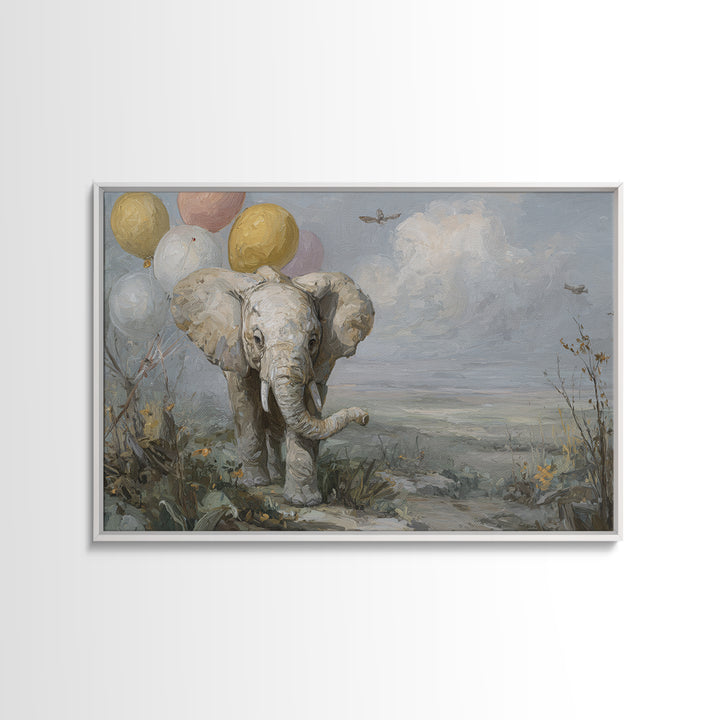 Elephant Holding Balloons Framed Canvas Print, Whimsical Art, Art Nouveau, Living Room Decor, Abstract Art, Wonder, WHI-3x2-7