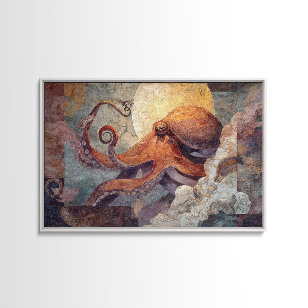 Octopus Conductor with Tiny Instruments Framed Canvas Print, Whimsical Art, Dark Academia Decor, Living Room Decor, Wonder, WHI-3x2-70