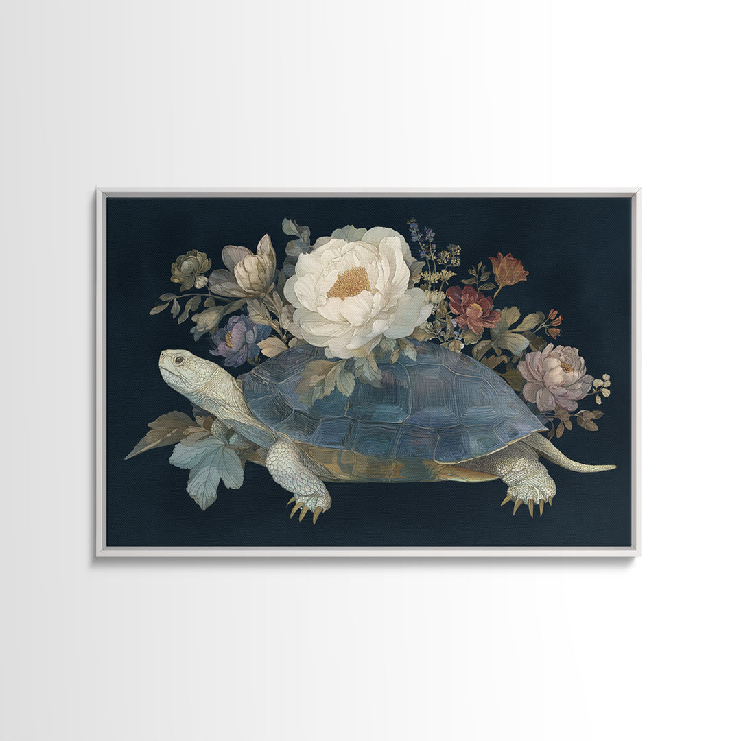 Turtle with Garden Growing on Shell Framed Canvas Print, Whimsical Art, Dopamine Decor, Living Room Decor, Fine Art, Wonder, WHI-3x2-74