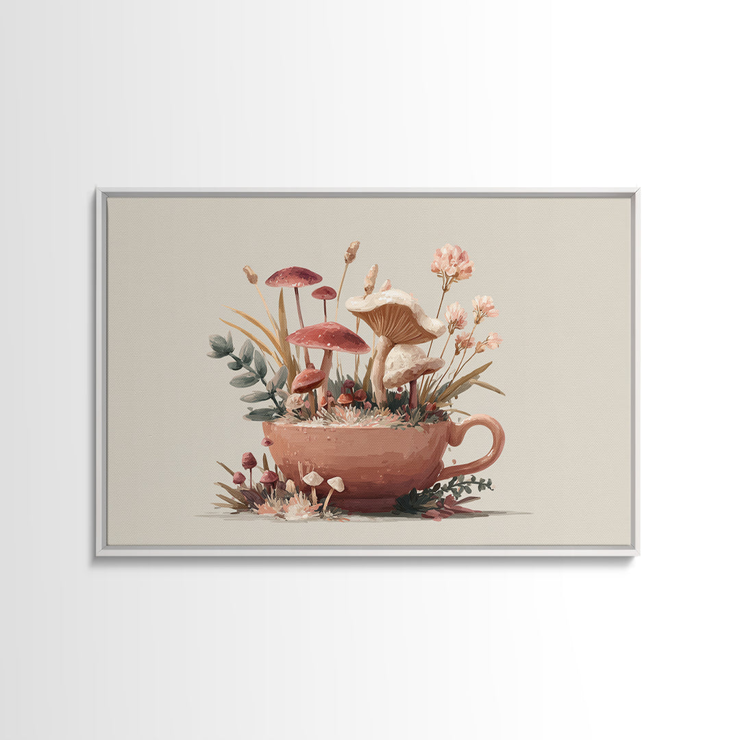 Teacup Garden with Tiny Mushrooms Framed Canvas Print, Whimsical Art, Dopamine Decor, Living Room Decor, Fine Art, Wonder, WHI-3x2-8