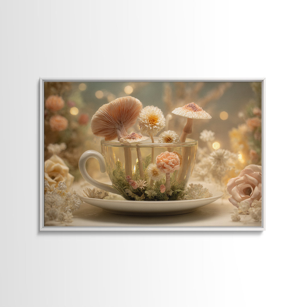 Teacup Garden with Tiny Mushrooms Framed Canvas Print, Whimsical Art, Home Decor, Living Room Decor, Fine Art, Wonder, WHI-3x2-80
