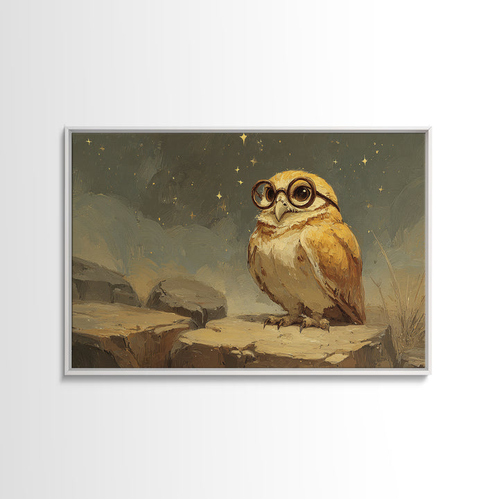 Owl Wearing Spectacles Among Stars Framed Canvas Print, Whimsical Art, Nursery Prints, Living Room Decor, Oil Painting, Wonder, WHI-3x2-82
