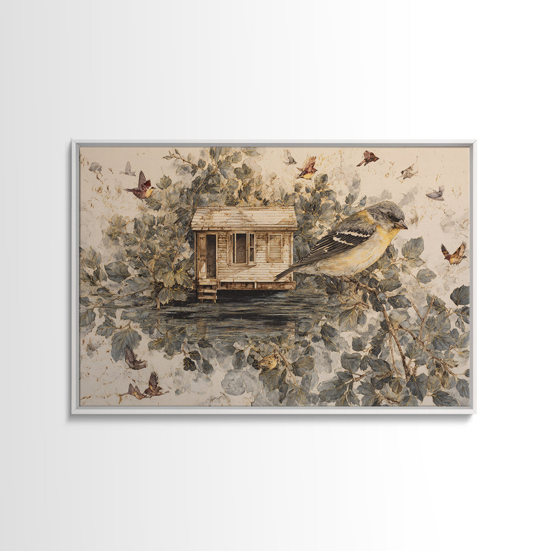 Floating House Carried by Colorful Birds Canvas Print, Whimsical Art, Framed Wall Art, Living Room Decor, Fine Art, Wonder, WHI-3x2-83