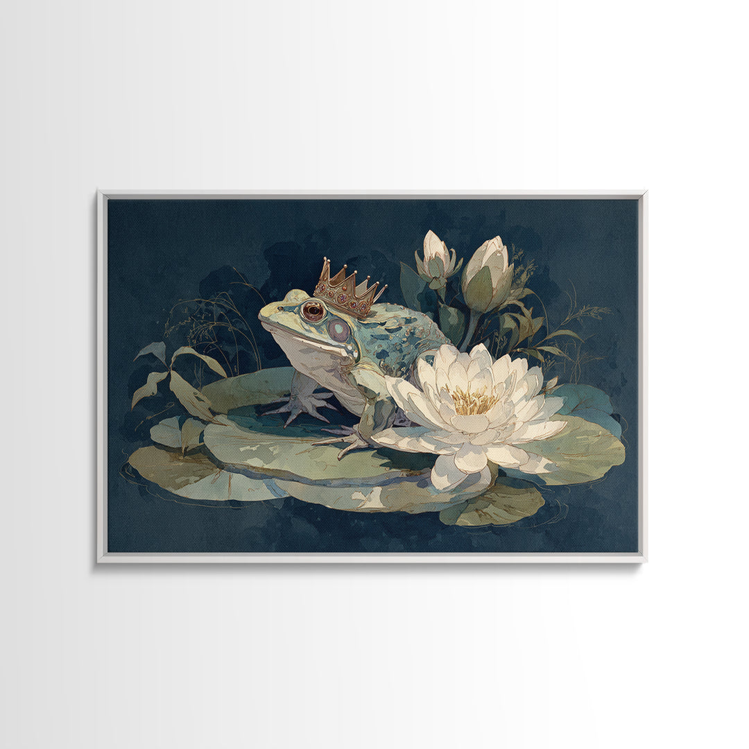Frog Prince on a Lily Pad Canvas Print, Whimsical Art, Wall Decor, Living Room Decor, Fine Art, Wonder, Printable Art, WHI-3x2-84