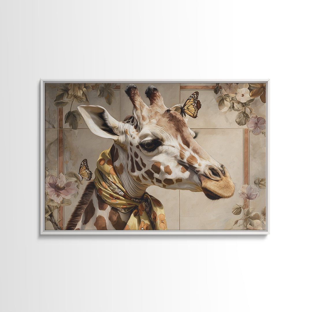 Giraffe with Scarf and Butterflies Framed Canvas Print, Whimsical Art, Nursery Wall Decor, Living Room Decor, Fine Art, Wonder, WHI-3x2-86