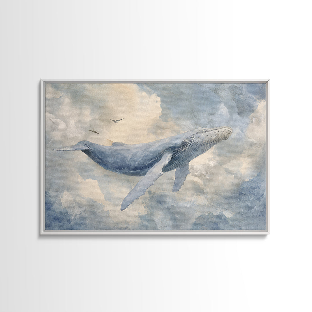 Whale Flying Through Clouds Like Ocean Canvas Print, Whimsical Art, Boho Decor, Living Room Decor, Wonder, Digital Art, WHI-3x2-89