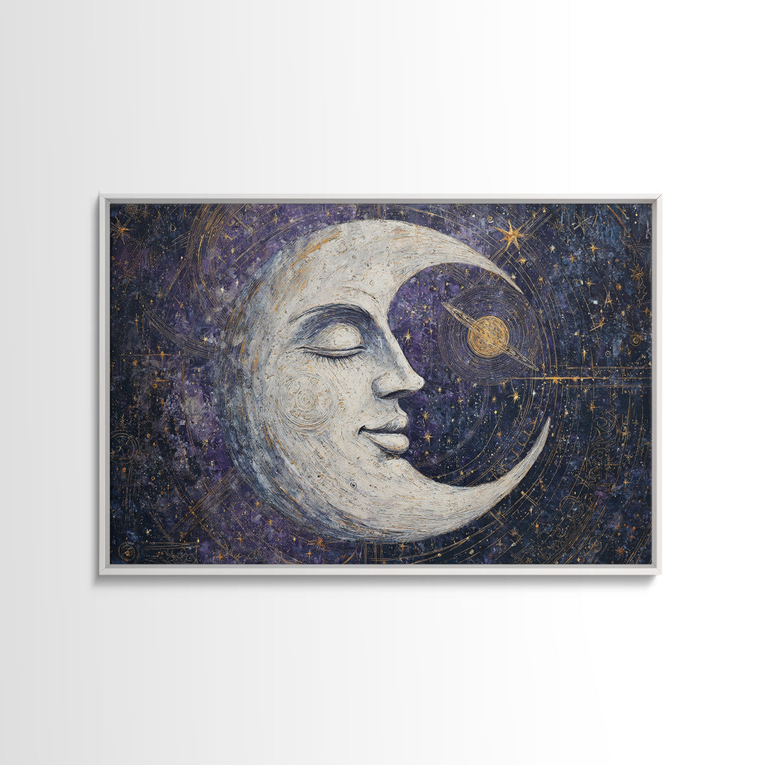 Moon with Sleeping Face and Dangling Stars Framed Canvas Print, Whimsical Art, Art Print, Living Room Decor, Fine Art, Wonder, WHI-3x2-92