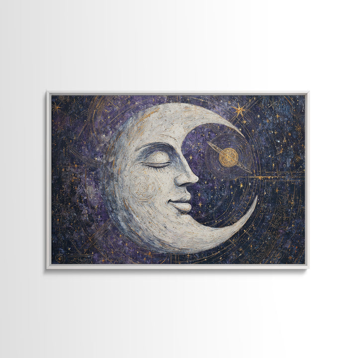 Moon with Sleeping Face and Dangling Stars Framed Canvas Print, Whimsical Art, Art Print, Living Room Decor, Fine Art, Wonder, WHI-3x2-92