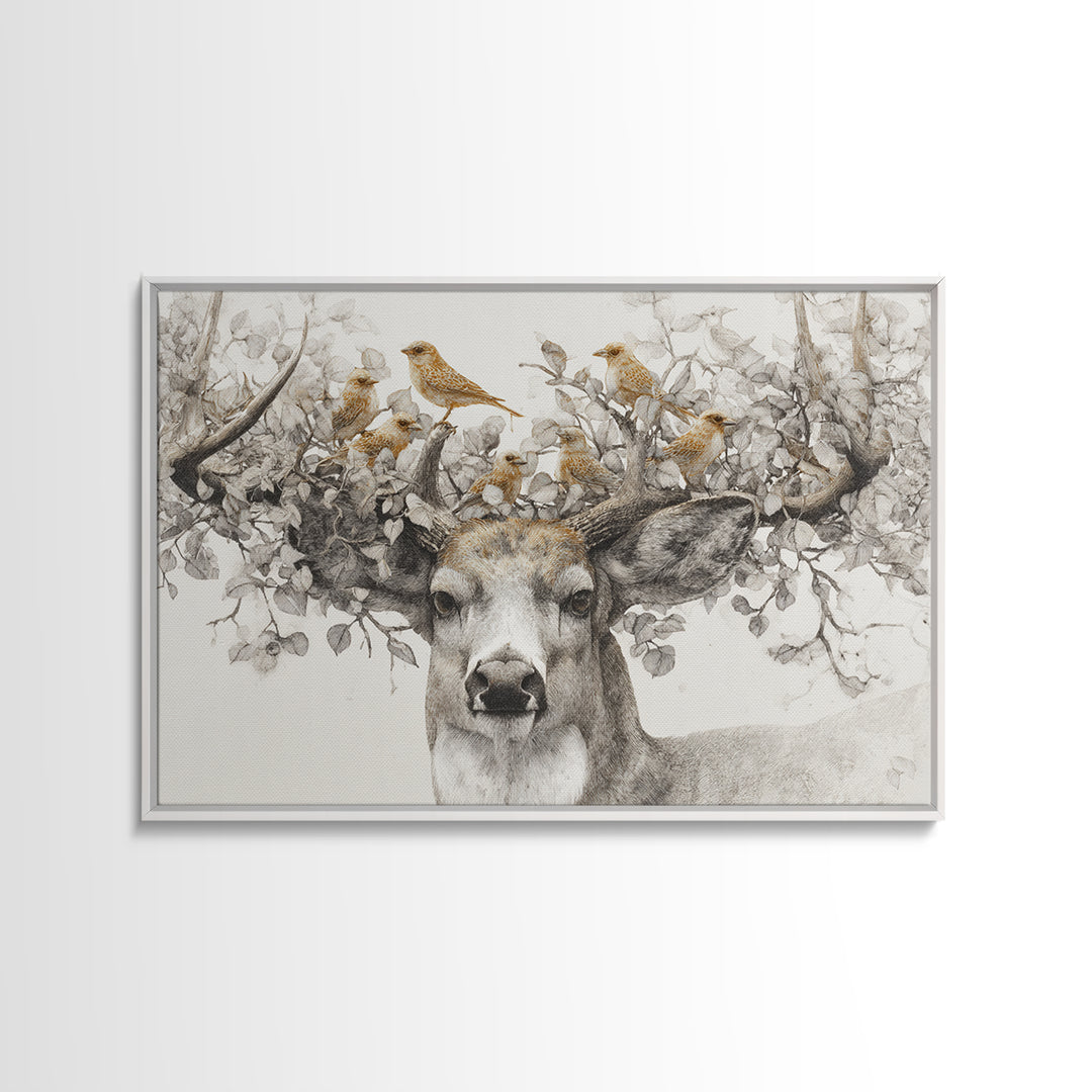 Deer with Antlers Full of Birds Framed Canvas Print, Whimsical Art, Original Art, Living Room Decor, Fine Art, Wonder, WHI-3x2-95