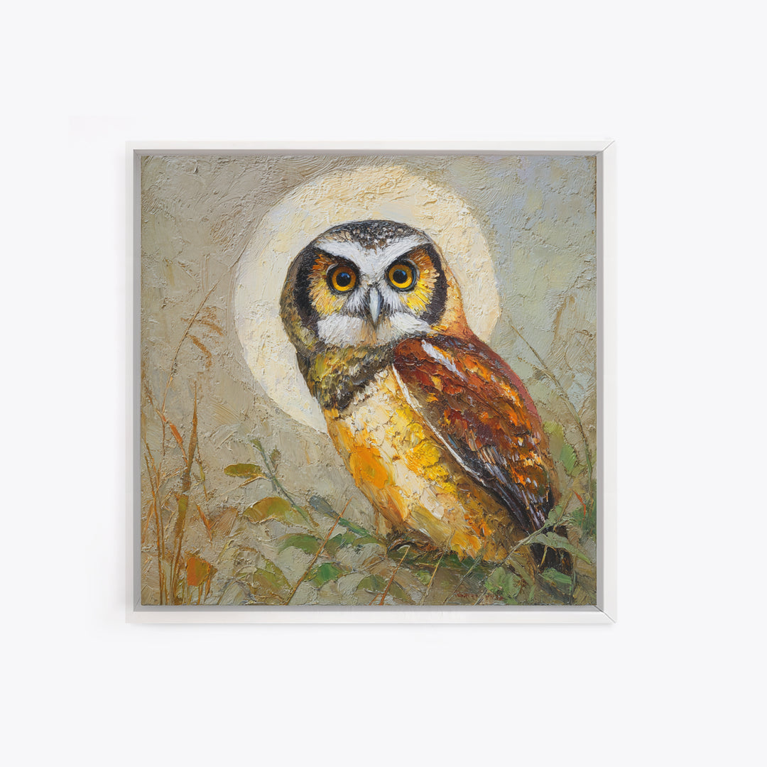 Owl Perched in Moonlit Woodland Framed Canvas Print, Wildlife Art, Wall Decor, Living Room Decor, Wild, Living Room Wall Art, WIL-1x1-12