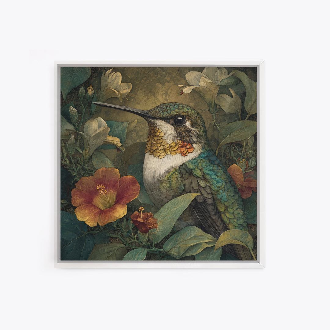 Hummingbird Beside Bright Flowers Framed Canvas Print, Wildlife Art, Canvas Print, Living Room Decor, Fine Art, Wild, WIL-1x1-16