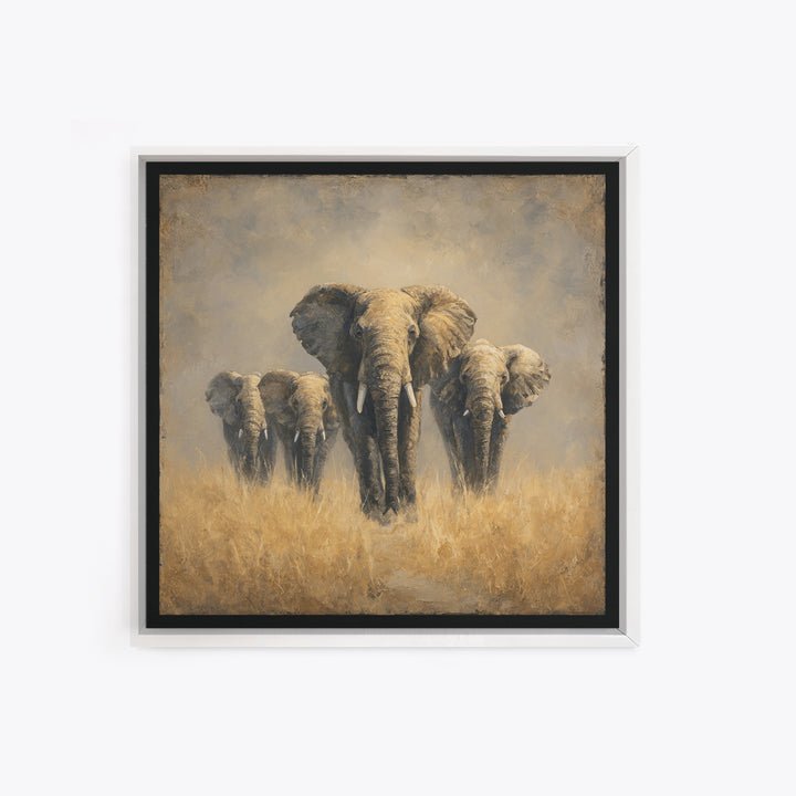 Elephant Herd Walking Through Dusty Sunset Framed Canvas Print, Wildlife Art, Bedroom Wall Art, Living Room Decor, Wild, WIL-1x1-2