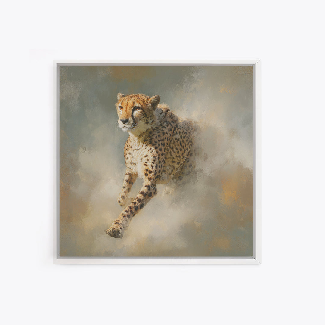 Cheetah Running Through Warm Dust Framed Canvas Print, Wildlife Art, Nature Wall Art, Living Room Decor, Fine Art, Wild, WIL-1x1-21