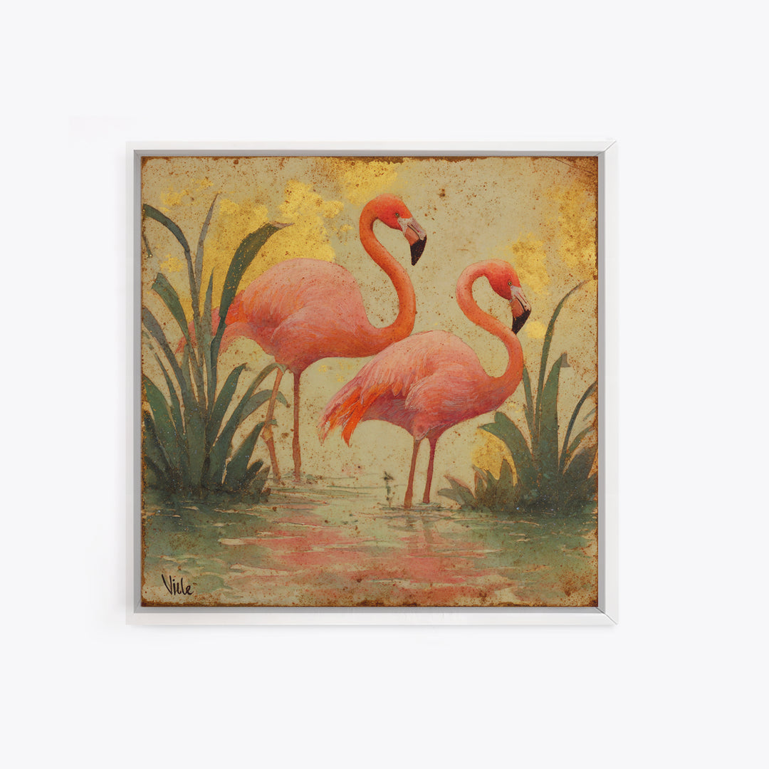 Flamingos in Pink Shallow Water Canvas Print, Wildlife Art, Bird Art, Living Room Decor, Oil Painting, Wild, Original Artwork, WIL-1x1-22