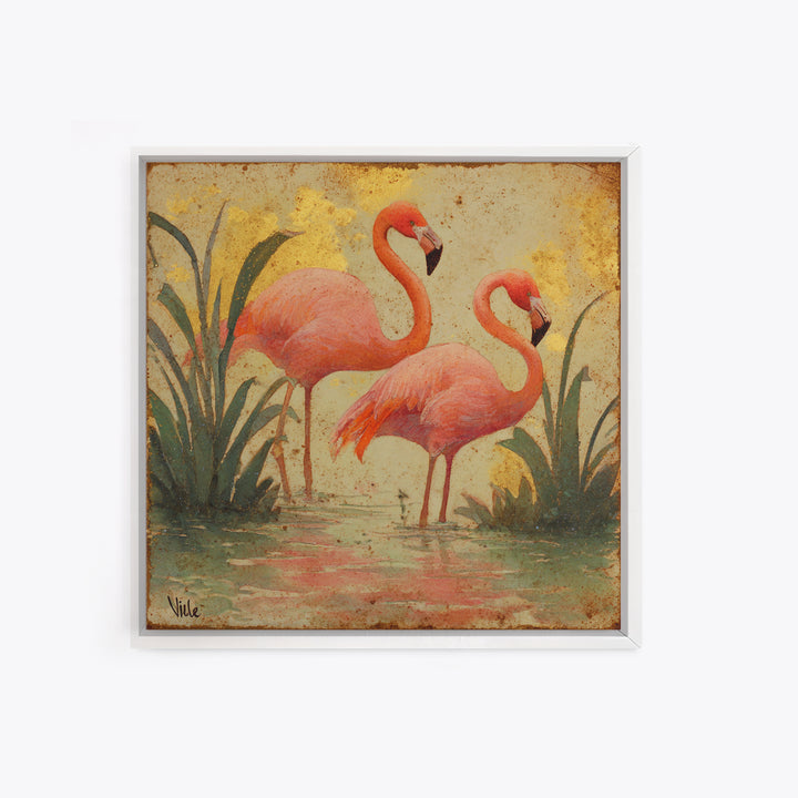 Flamingos in Pink Shallow Water Canvas Print, Wildlife Art, Bird Art, Living Room Decor, Oil Painting, Wild, Original Artwork, WIL-1x1-22