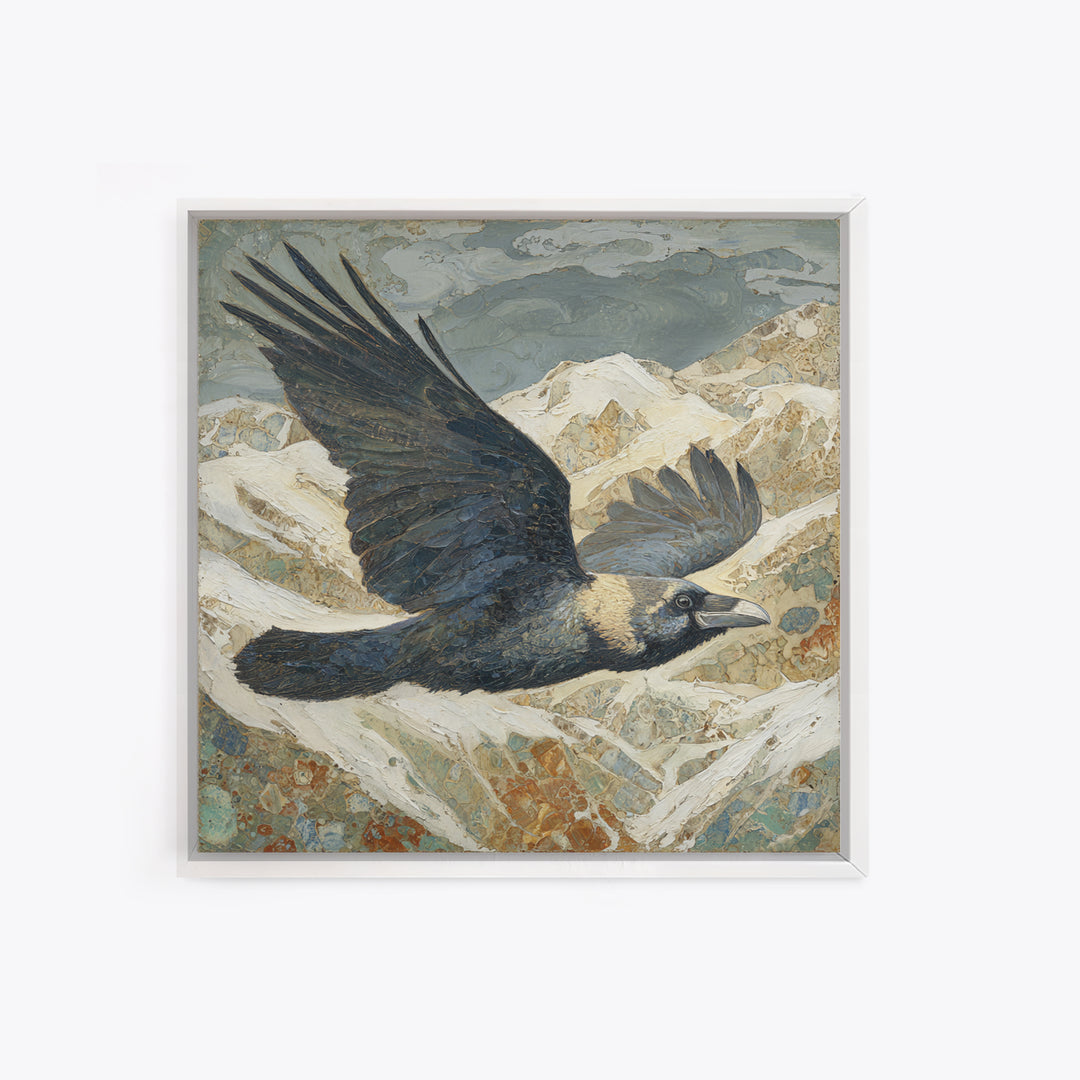 Raven Flying Through Snowy Mountains Framed Canvas Print, Wildlife Art, Living Room Art, Living Room Decor, Fine Art, Wild, WIL-1x1-24
