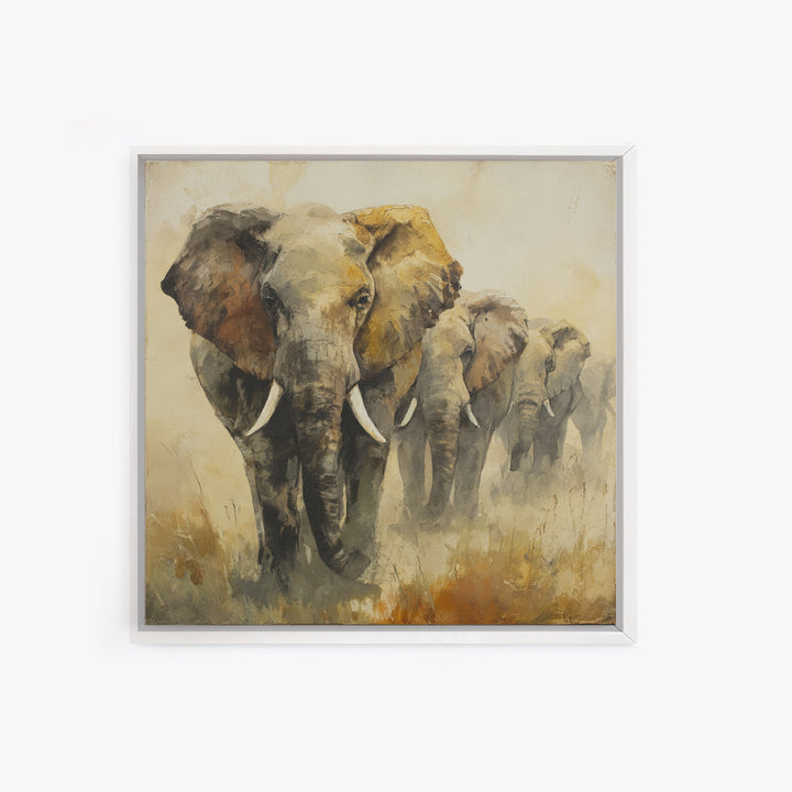 Elephant Herd Walking Through Dusty Sunset Canvas Print, Wildlife Art, Canvas Painting, Living Room Decor, Fine Art, Wild, WIL-1x1-26