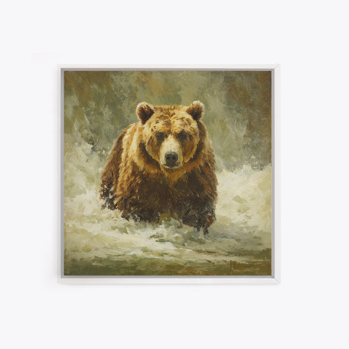 Bear Fishing in Rushing Mountain River Framed Canvas Print, Wildlife Art, Digital Wall Art, Living Room Decor, Fine Art, Wild, WIL-1x1-28