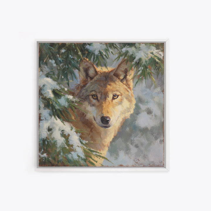 Wolf Standing Beneath Snowy Pine Trees Canvas Print, Wildlife Art, Canvas Wall Art, Living Room Decor, Abstract Art, Wild, WIL-1x1-3