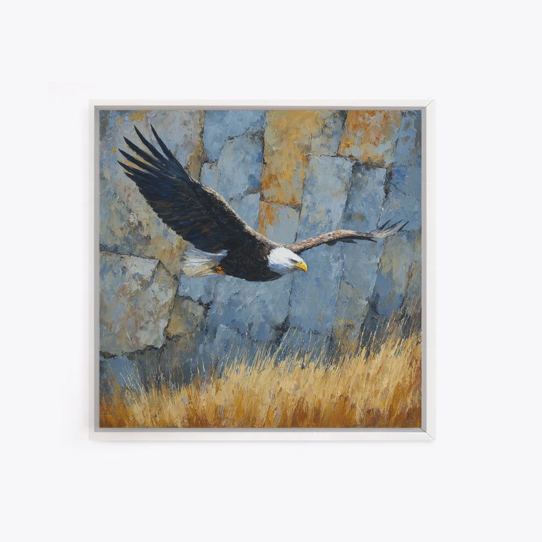 Eagle Soaring Above Rocky Cliffs Canvas Print, Wildlife Art, Bird Wall Art, Living Room Decor, Oil Painting, Wild, Luxury Decor, WIL-1x1-30