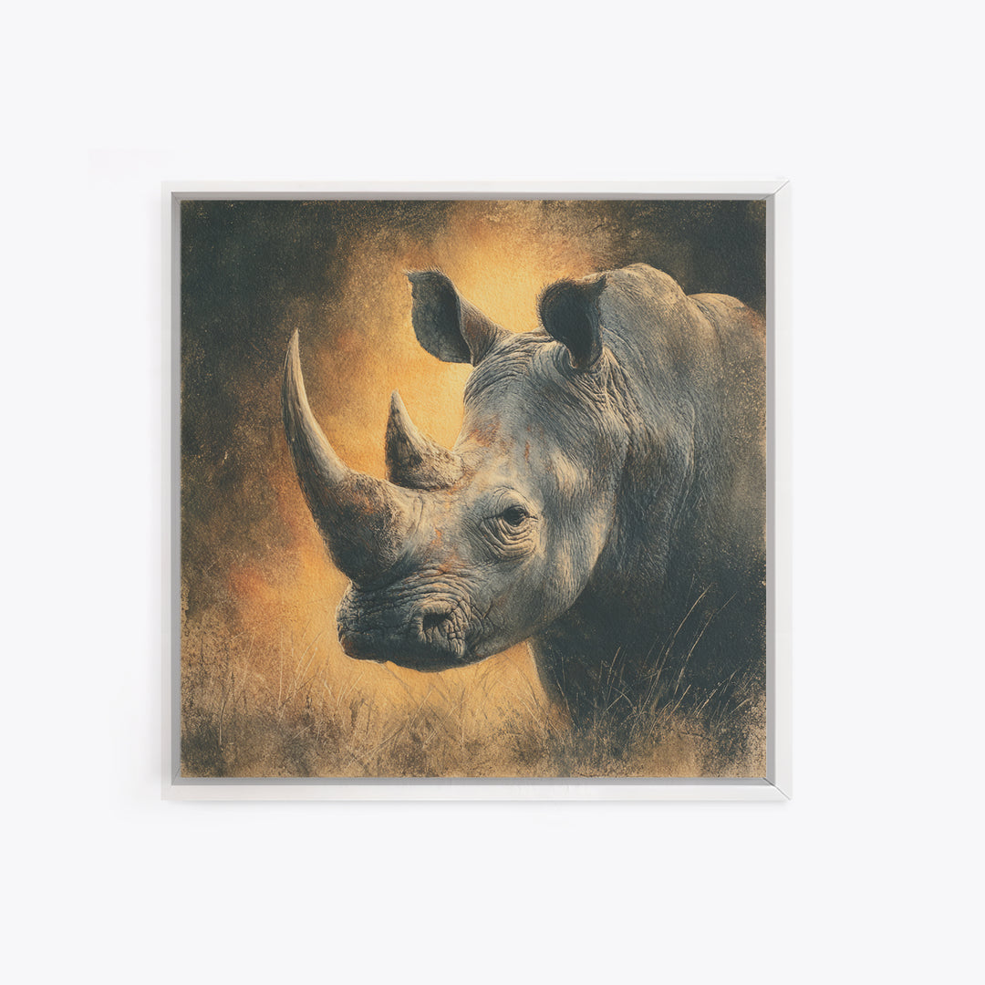 Rhino in Dramatic Stormy Light Framed Canvas Print, Wildlife Art, Gallery Decor, Living Room Decor, Fine Art, Wild, WIL-1x1-32