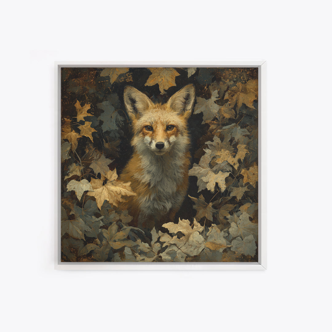 Fox in Autumn Forest Leaves Framed Canvas Print, Wildlife Art, Statement Artwork, Living Room Decor, Fine Art, Wild, Wall Decor, WIL-1x1-33