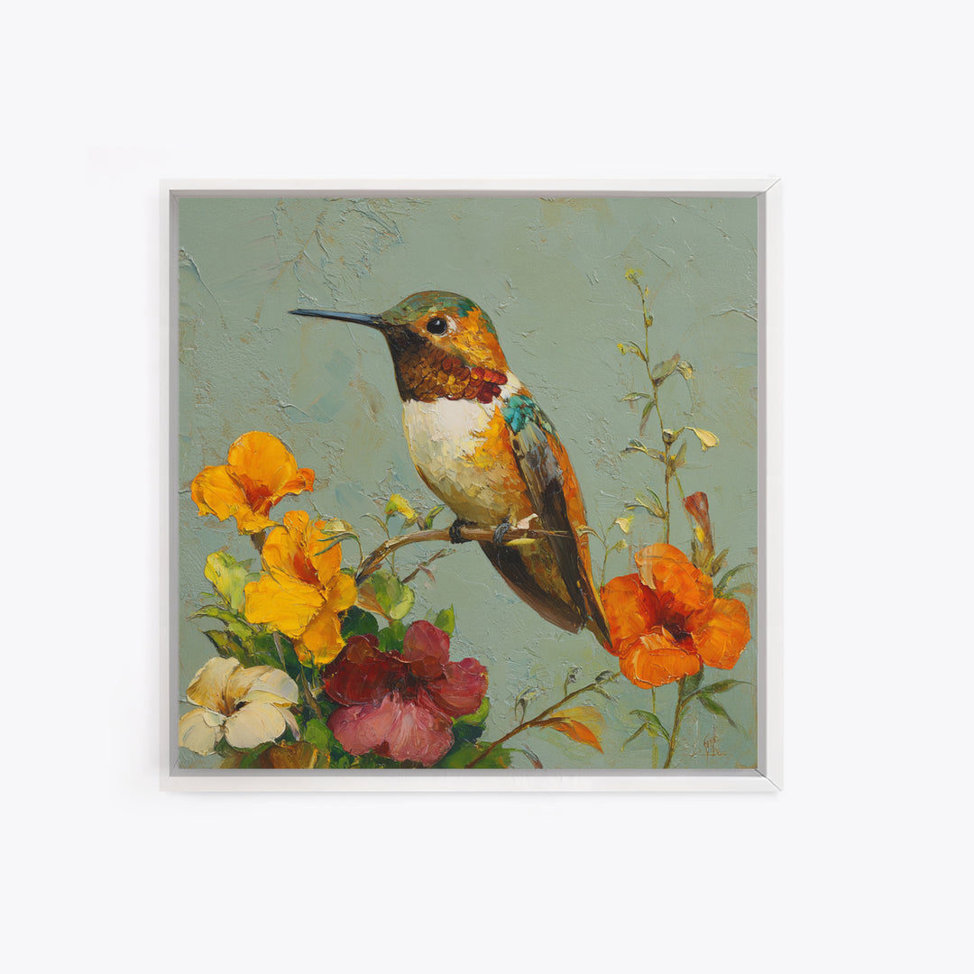 Hummingbird Beside Bright Flowers Framed Canvas Print, Wildlife Art, Art Print, Living Room Decor, Watercolor Art, Wild, WIL-1x1-40
