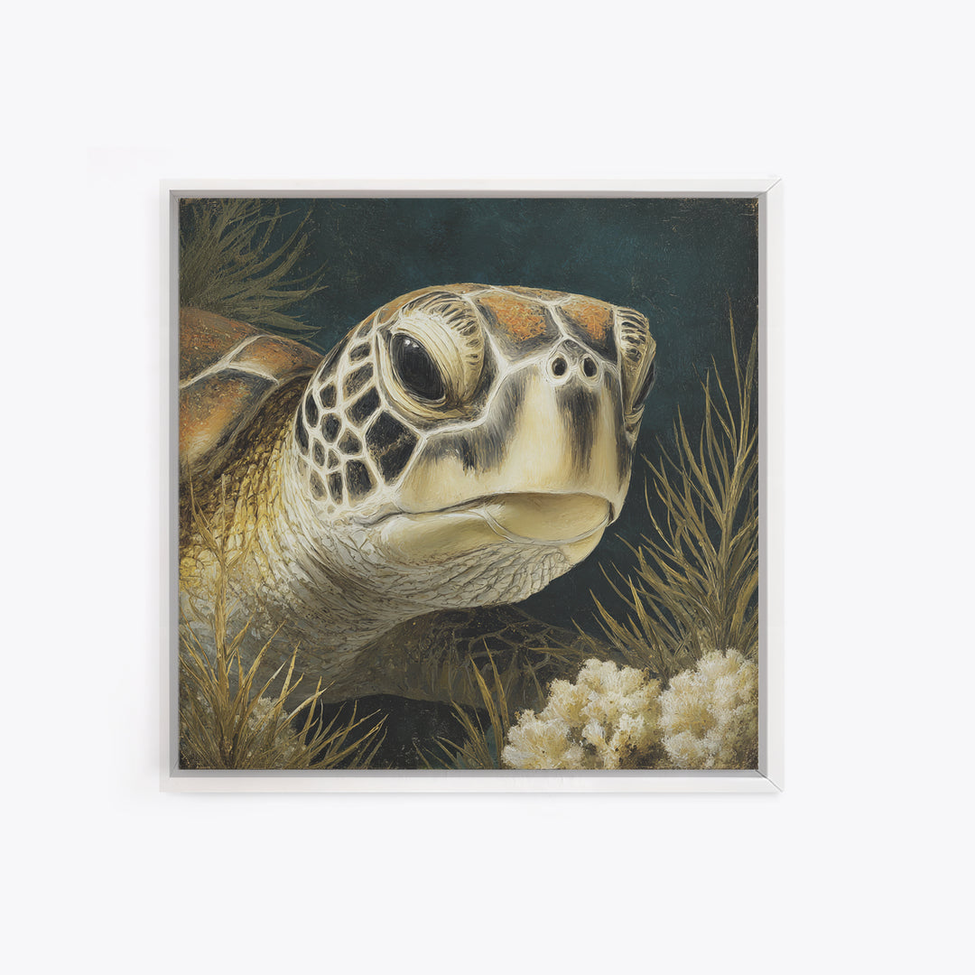 Sea Turtle over Coral Reef Framed Canvas Print, Wildlife Art, Digital Download Art, Living Room Decor, Abstract Art, Wild, WIL-1x1-42