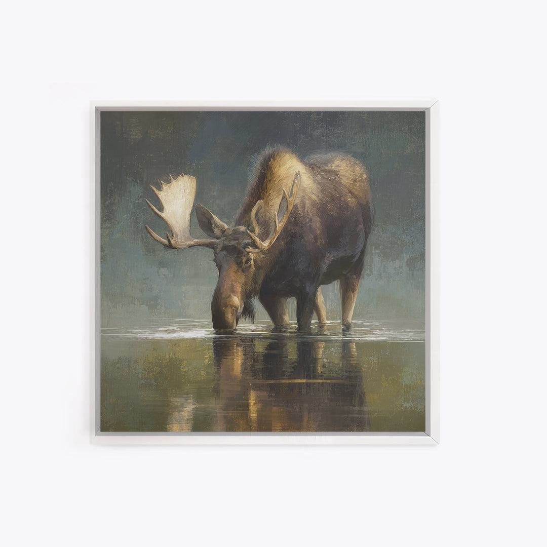 Moose Standing in Reflective Lake Framed Canvas Print, Wildlife Art, Modern Art, Living Room Decor, Wild, Neutral Decor, WIL-1x1-43