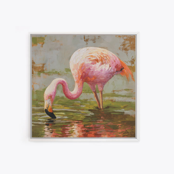 Flamingos in Pink Shallow Water Framed Canvas Print, Wildlife Art, Living Room Art, Living Room Decor, Fine Art, Wild, WIL-1x1-46