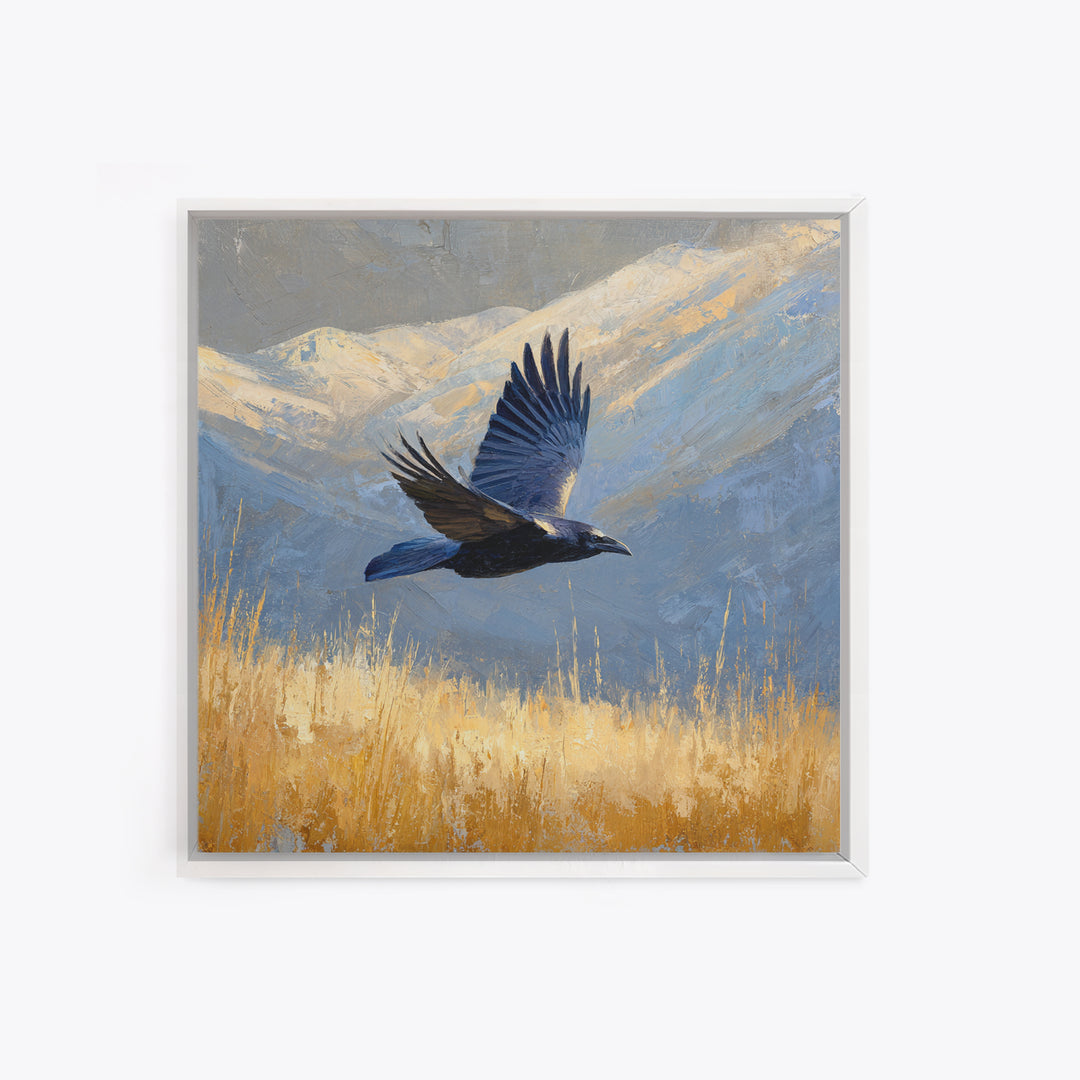 Raven Flying Through Snowy Mountains Framed Canvas Print, Wildlife Art, Art, Living Room Decor, Oil Painting, Wild, WIL-1x1-48