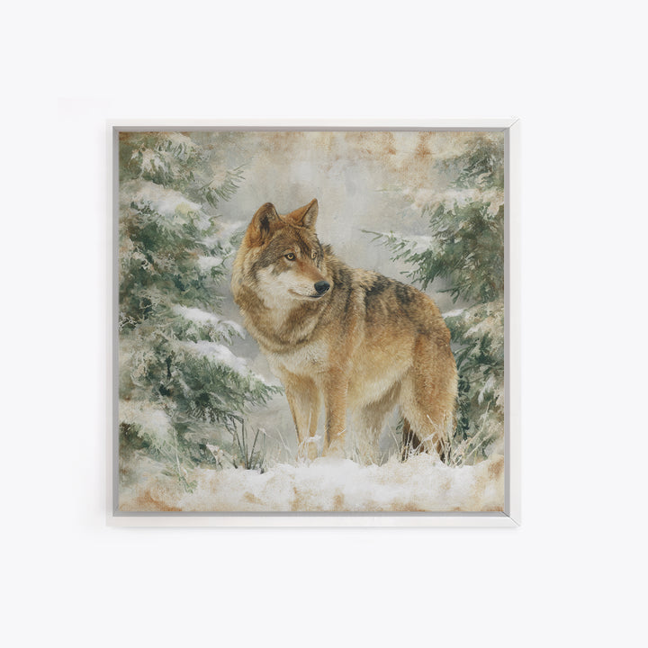 Wolf Standing Beneath Snowy Pine Trees Framed Canvas Print, Wildlife Art, Rustic Home Decor, Living Room Decor, Oil Painting, WIL-1x1-51