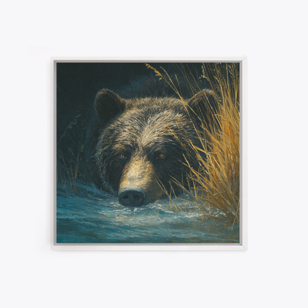 Bear Fishing in Rushing Mountain River Framed Canvas Print, Wildlife Art, Bedroom Wall Art, Living Room Decor, Fine Art, Wild, WIL-1x1-52