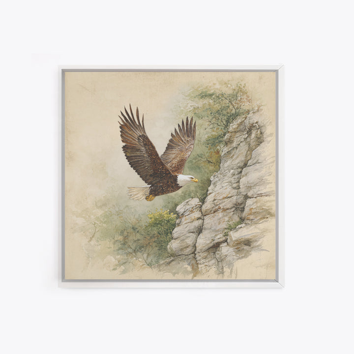 Eagle Soaring Above Rocky Cliffs Canvas Print, Wildlife Art, Bird Wall Art, Living Room Decor, Oil Painting, Wild, Luxury Decor, WIL-1x1-54
