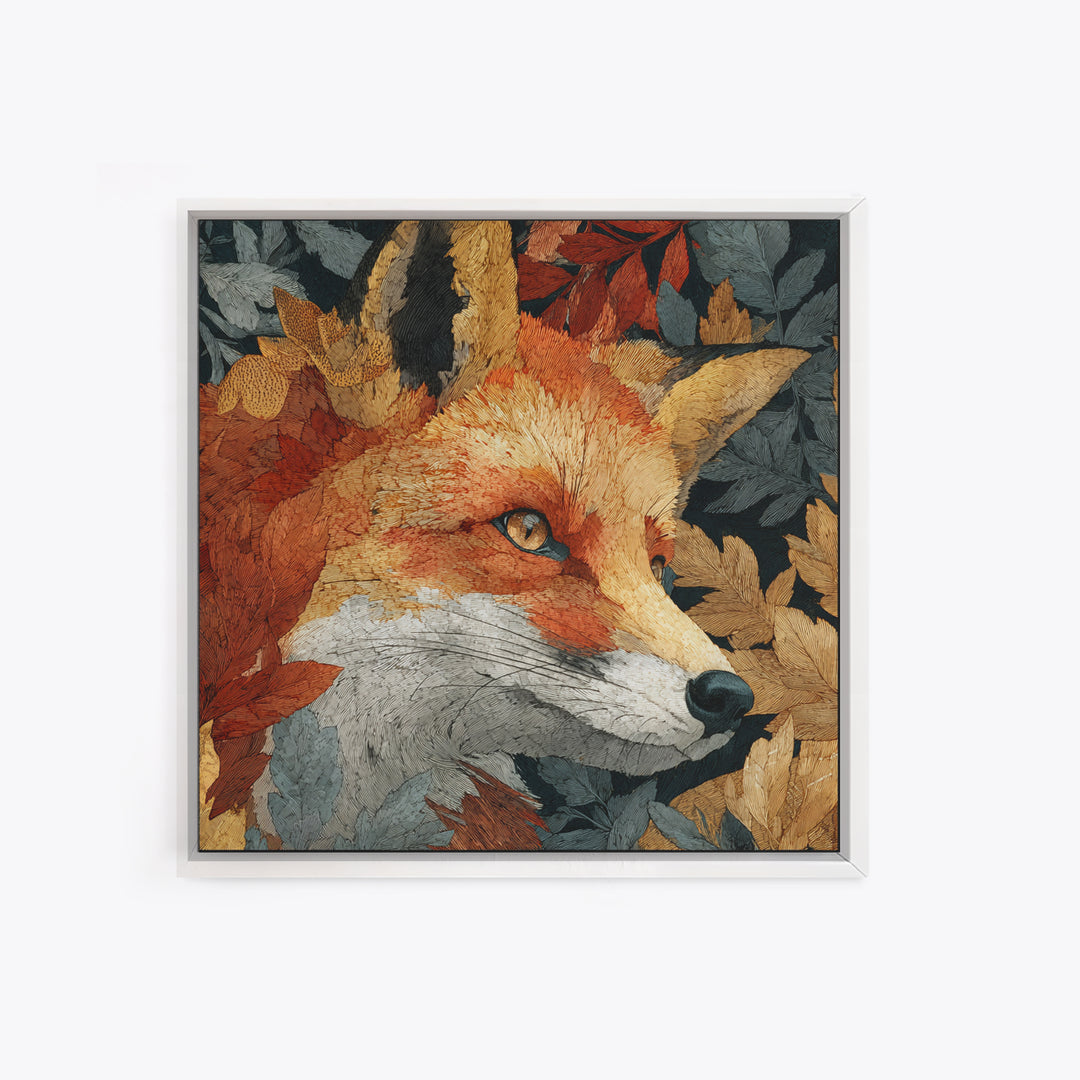 Fox in Autumn Forest Leaves Framed Canvas Print, Wildlife Art, Statement Artwork, Living Room Decor, Fine Art, Wild, Wall Decor, WIL-1x1-57