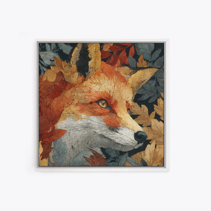 Fox in Autumn Forest Leaves Framed Canvas Print, Wildlife Art, Statement Artwork, Living Room Decor, Fine Art, Wild, Wall Decor, WIL-1x1-57