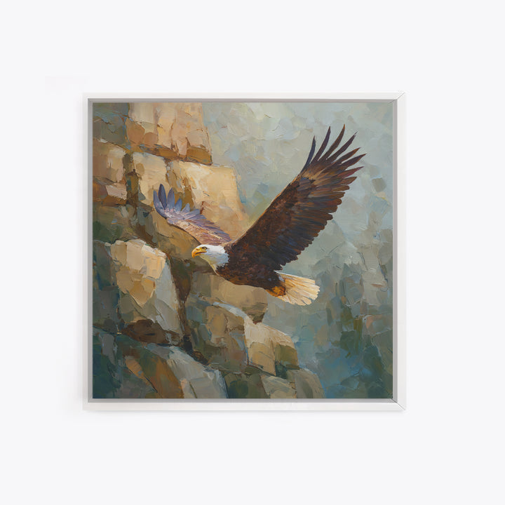 Eagle Soaring Above Rocky Cliffs Framed Canvas Print, Wildlife Art, Modern Art, Living Room Decor, Watercolor Art, Wild, WIL-1x1-6