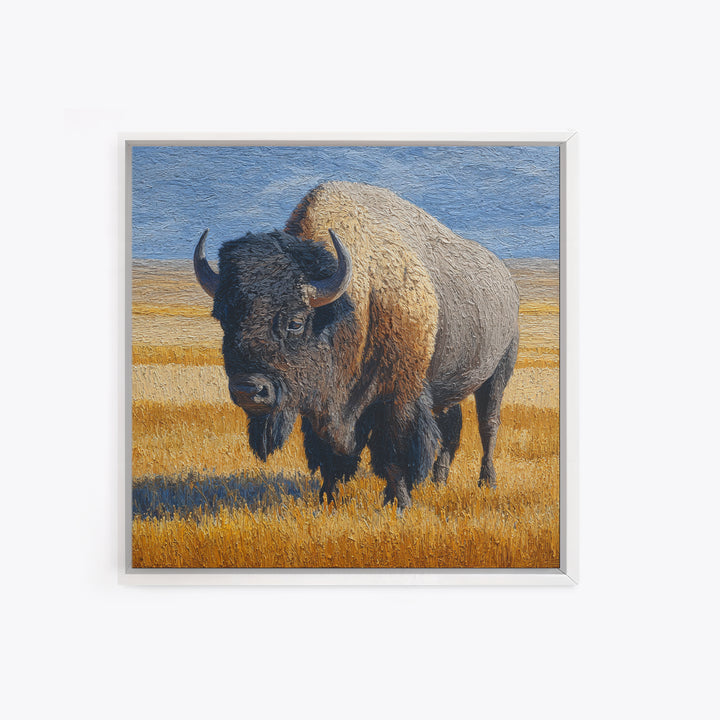Bison on Wide Western Prairie Framed Canvas Print, Wildlife Art, Original Artwork, Living Room Decor, Oil Painting, Wild, WIL-1x1-61
