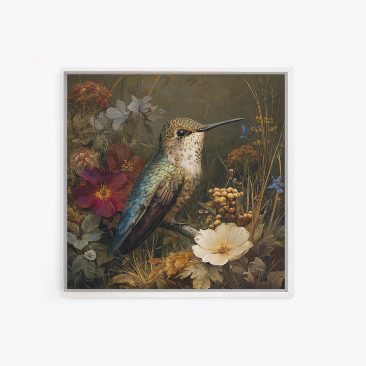 Hummingbird Beside Bright Flowers Framed Canvas Print, Wildlife Art, Bird Art, Living Room Decor, Watercolor Art, Wild, WIL-1x1-64