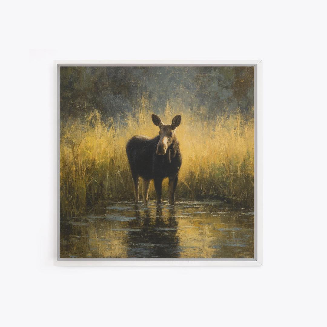 Moose Standing in Reflective Lake Framed Canvas Print, Wildlife Art, Gallery Decor, Living Room Decor, Fine Art, Wild, WIL-1x1-67